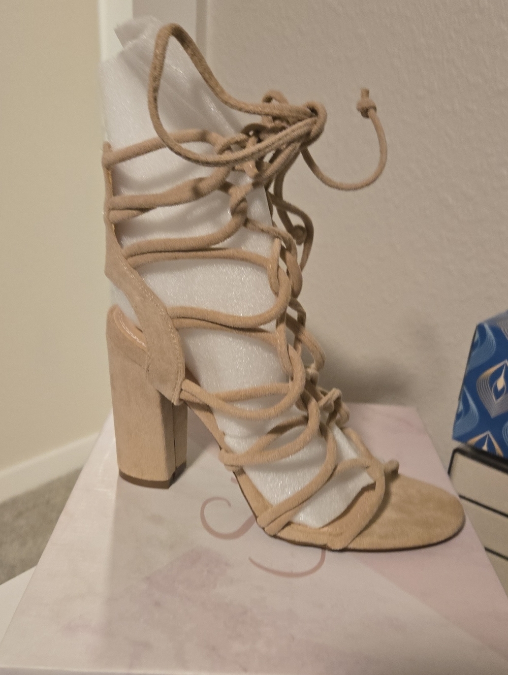 Lace-Up Block Heel Sandals - Beige
